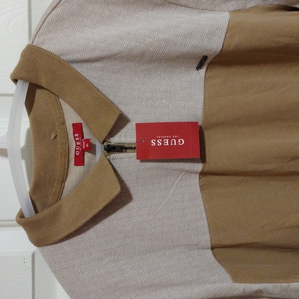 Guess Armen Zip Johnny Taupe Men's Two-Tone Polo Shirt XL 🆕 - Picture 4 of 6